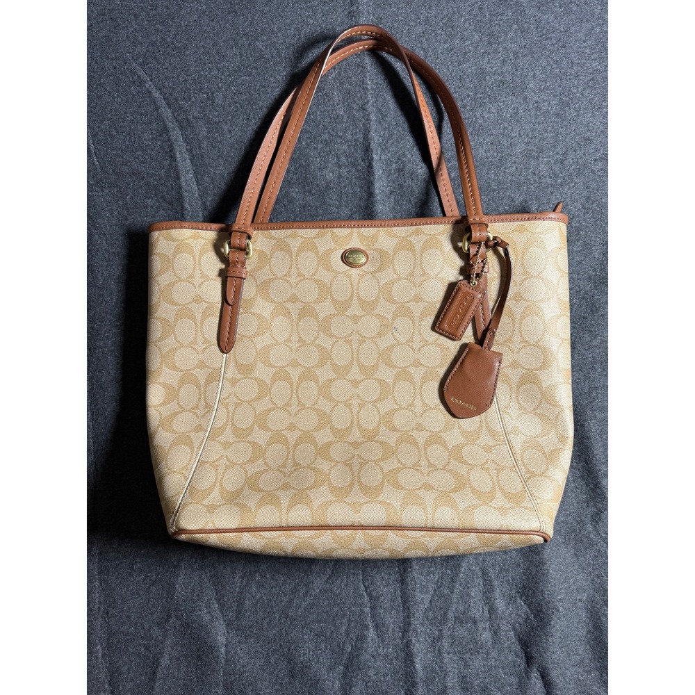 Coach Peyton Signature Zip Top Tote Bag Khaki Brown